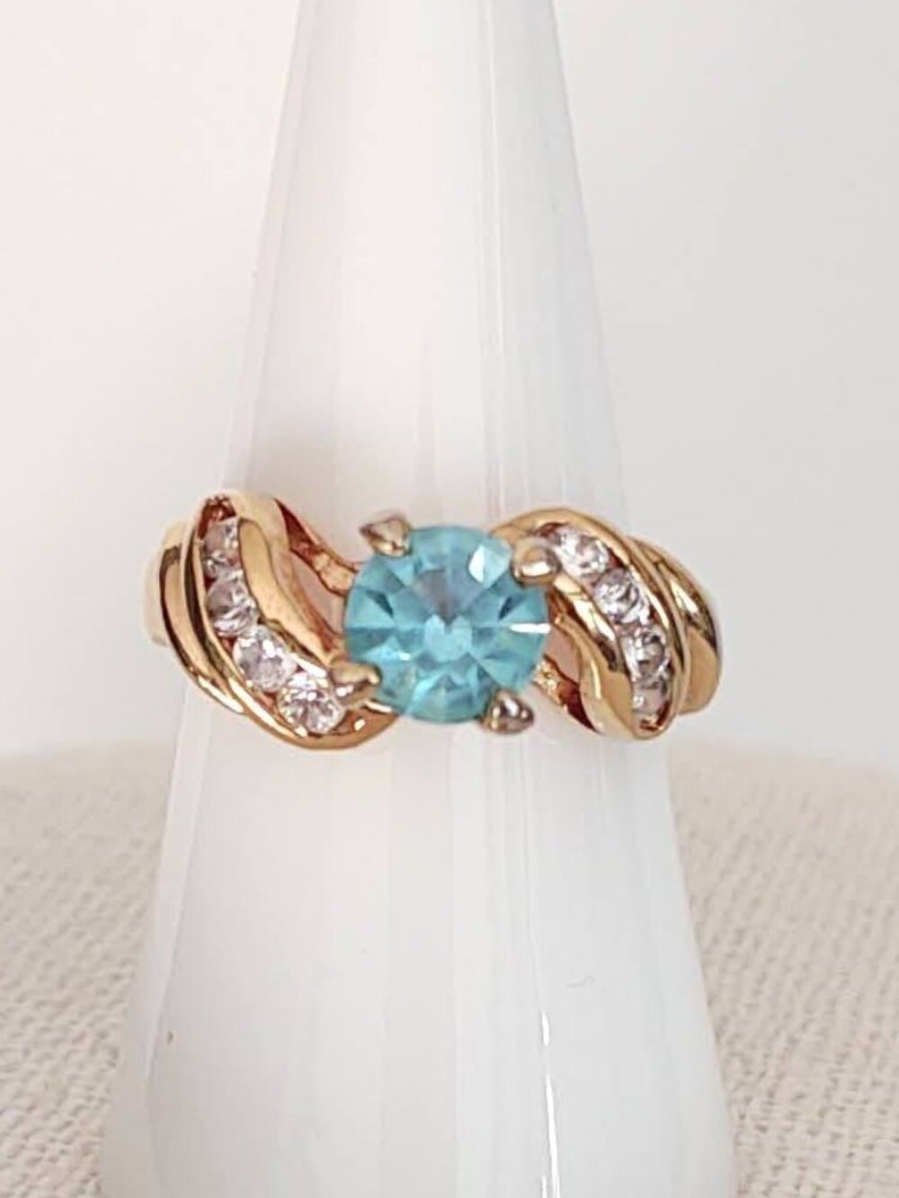 Blue glass and cz gold cocktail ring